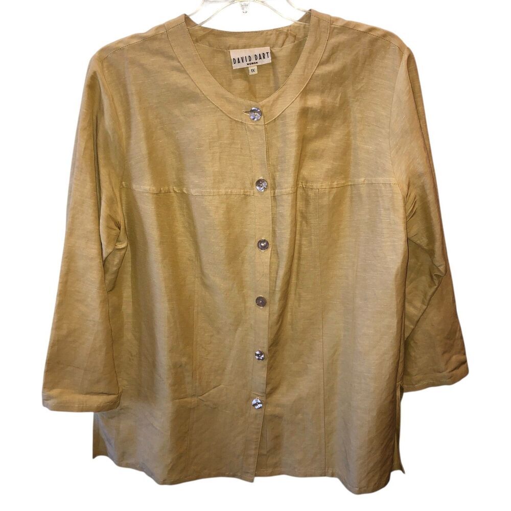 David Dart Womens 1X Lt Beige Linen Silk 3/4 Sleeve Button Up Blouse Top Shirt